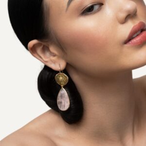 Gemstone dangle earrings, rose quartz on model.