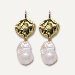 Large white baroque pearl earrings with bodhi leaf shape earring hooks.